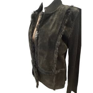 Ruby Cho Black Faux Suede & Knit Jacket Rabbit Fur Trim Size M